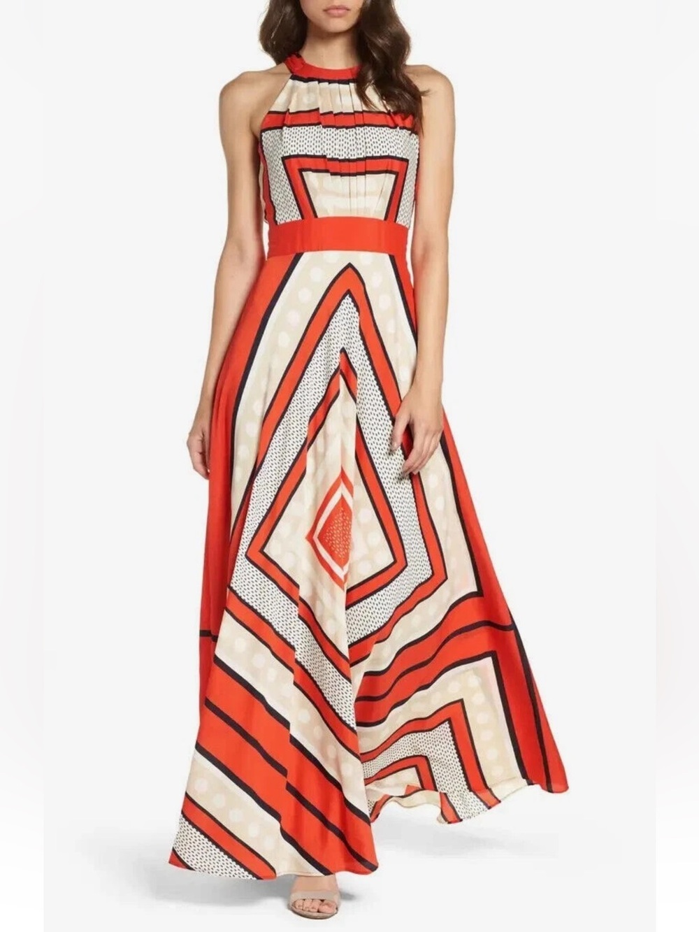 ELIZA J Poppy Stripe Scarf Print Crepe de Chin Bow Tie Back Maxi Gown Dress 12